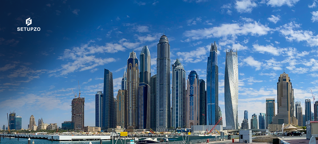 Dubai's iconic skyline at dusk, representing endless business opportunities in a thriving global hub